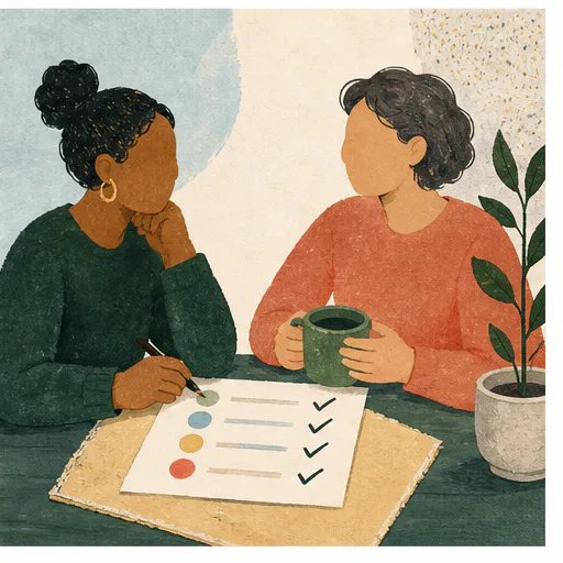 Two people sharing a supportive goal check-in