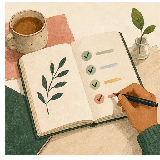 A journal and warm drink for a calm end-of-month review