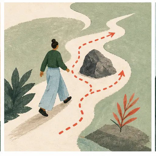 A route redrawn around an obstacle towards a fresh next step